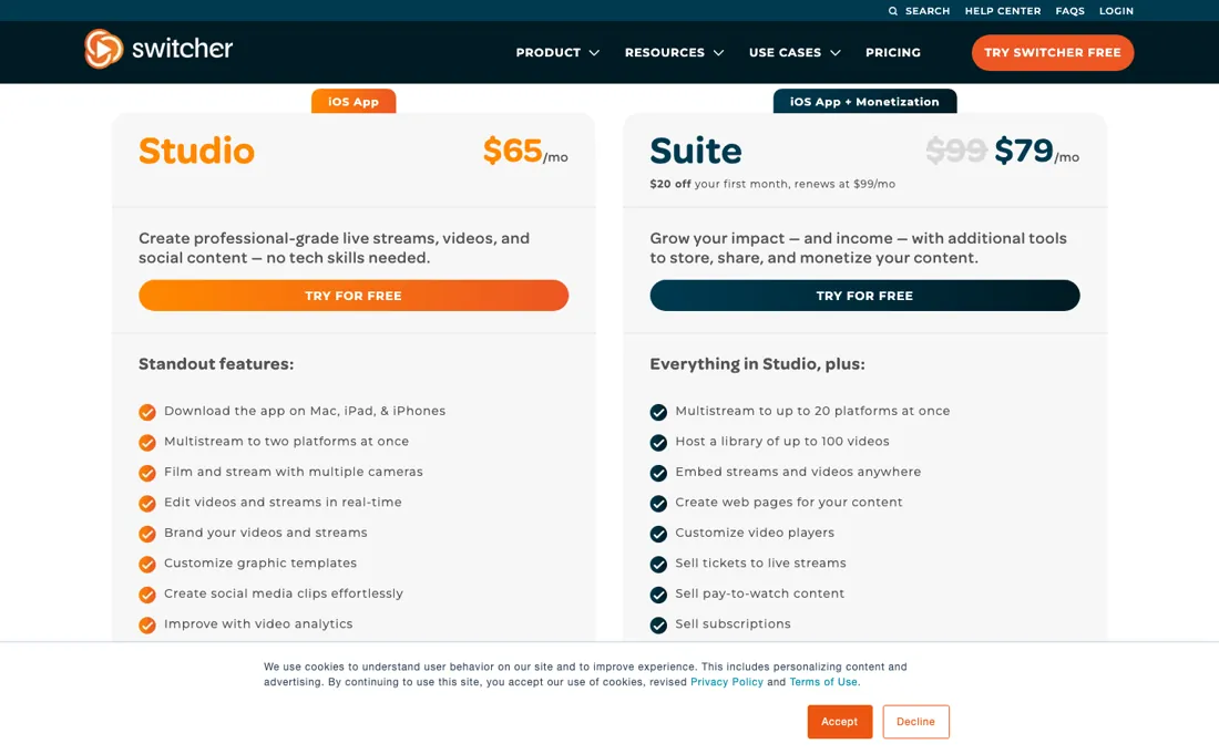 Switcher Studio pricing page