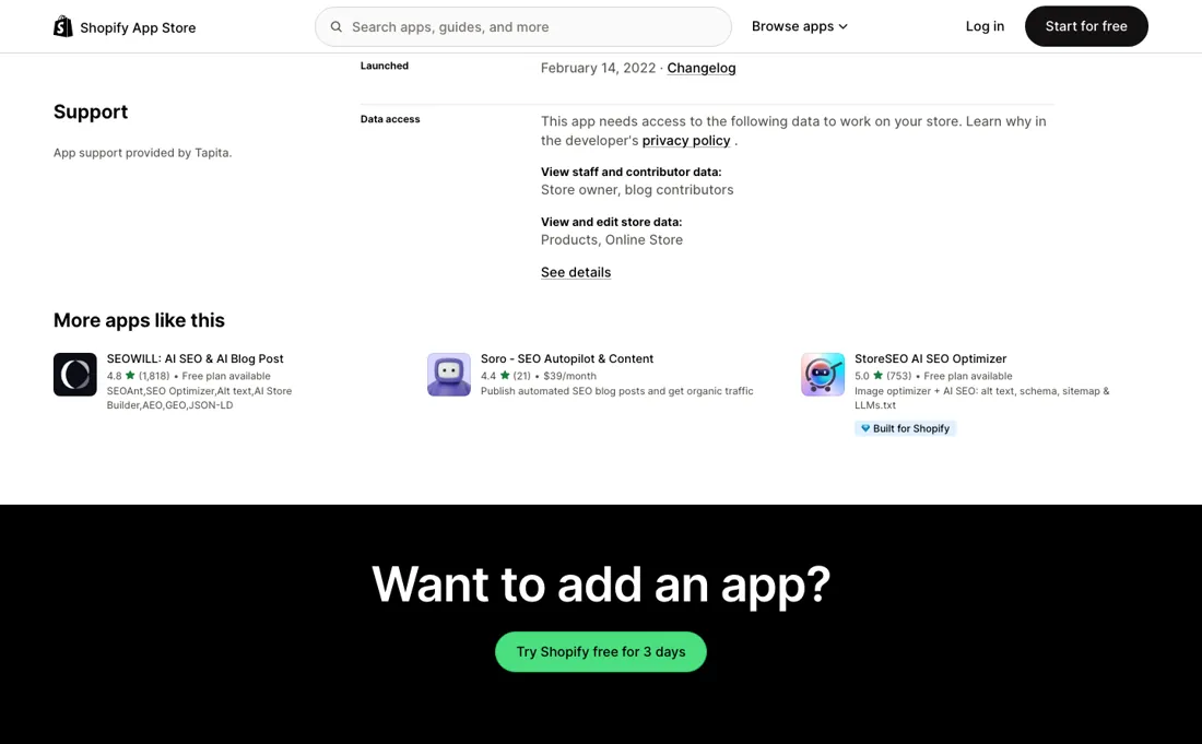 Tapita AI SEO Blog Builder pricing page