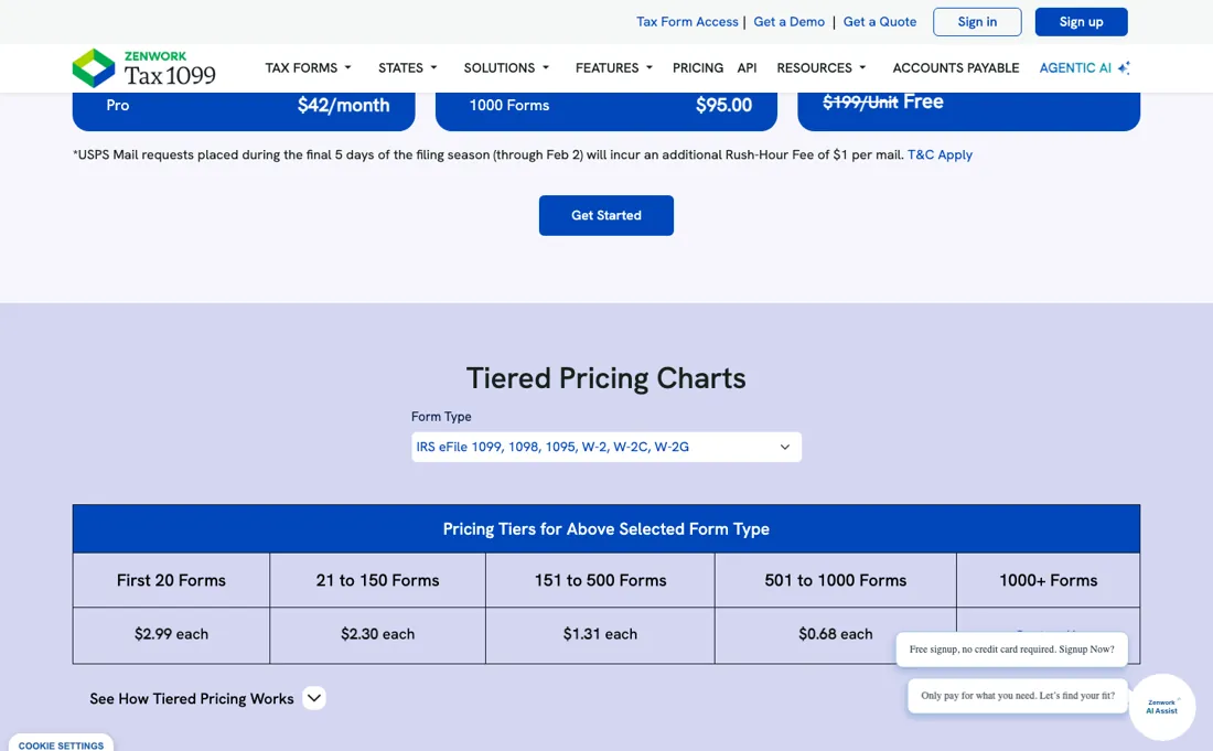 Tax1099 pricing page