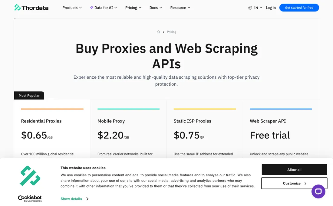 Thordata pricing page