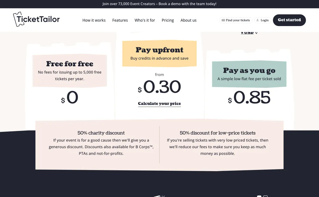 TicketTailor pricing page
