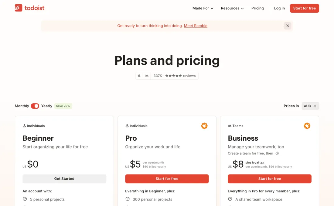 Todoist pricing page
