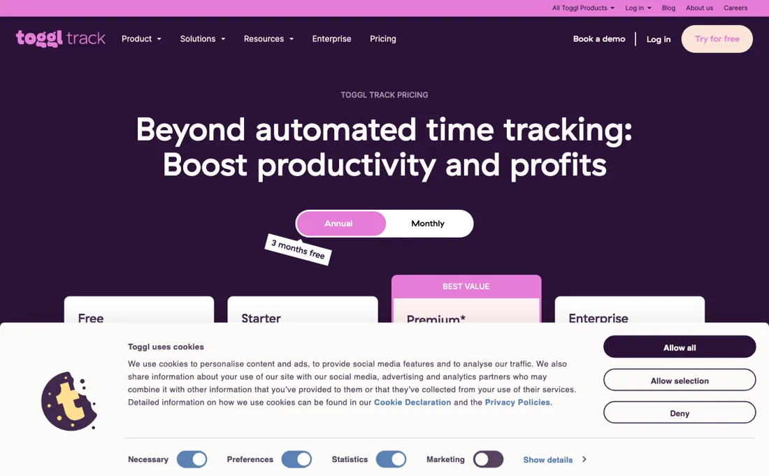 Toggl pricing page