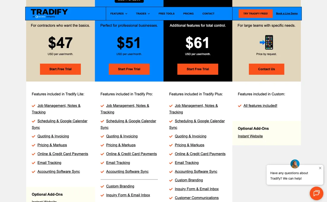 Tradify pricing page