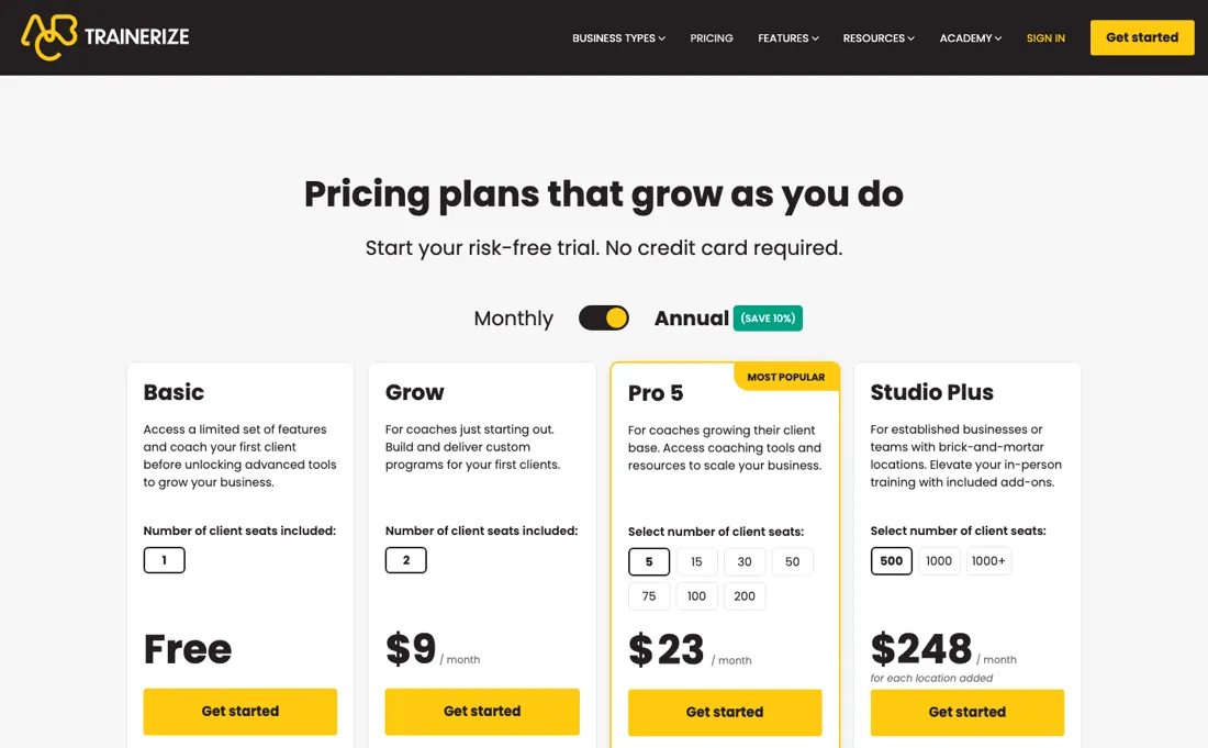 Trainerize pricing page