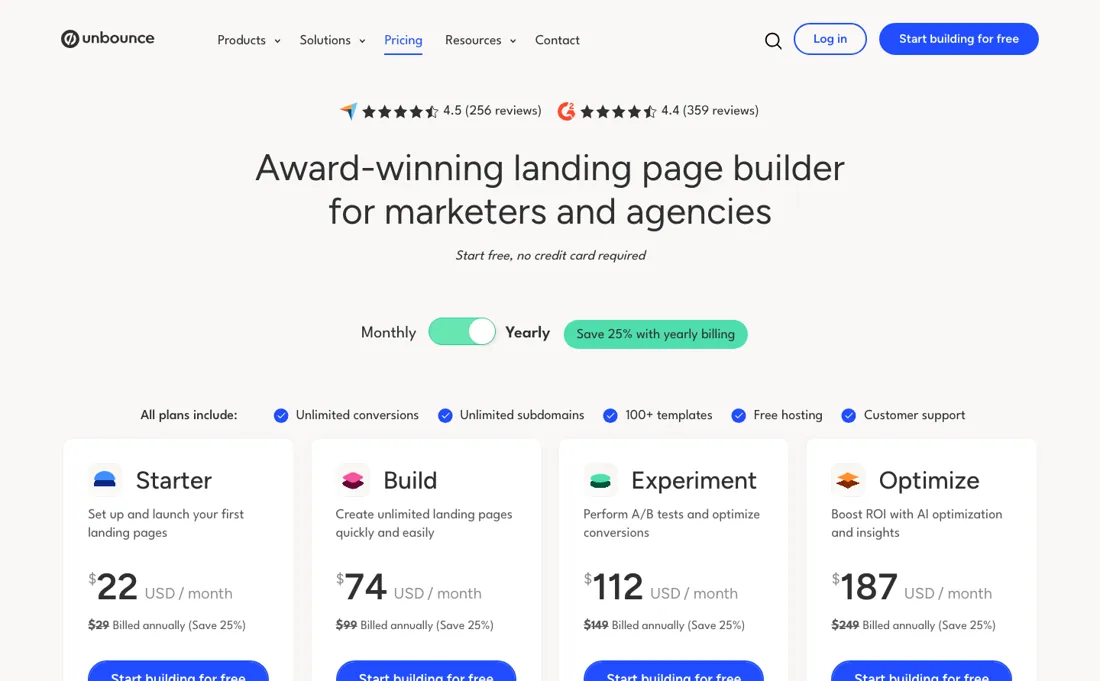 Unbounce pricing page