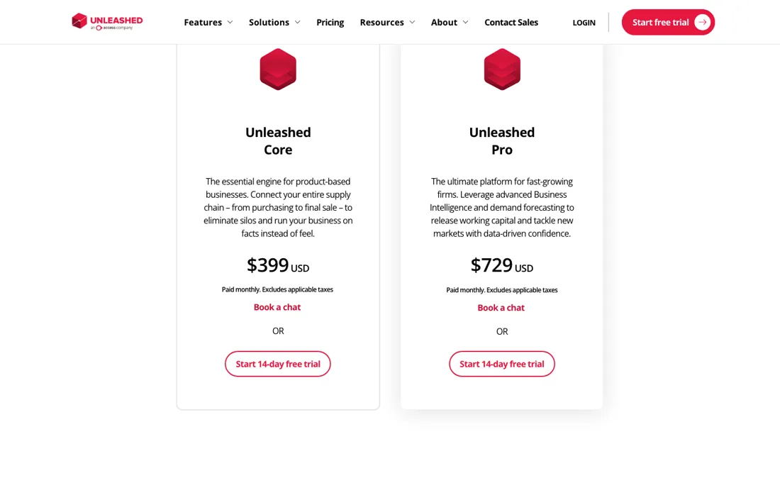 Unleashed Software pricing page