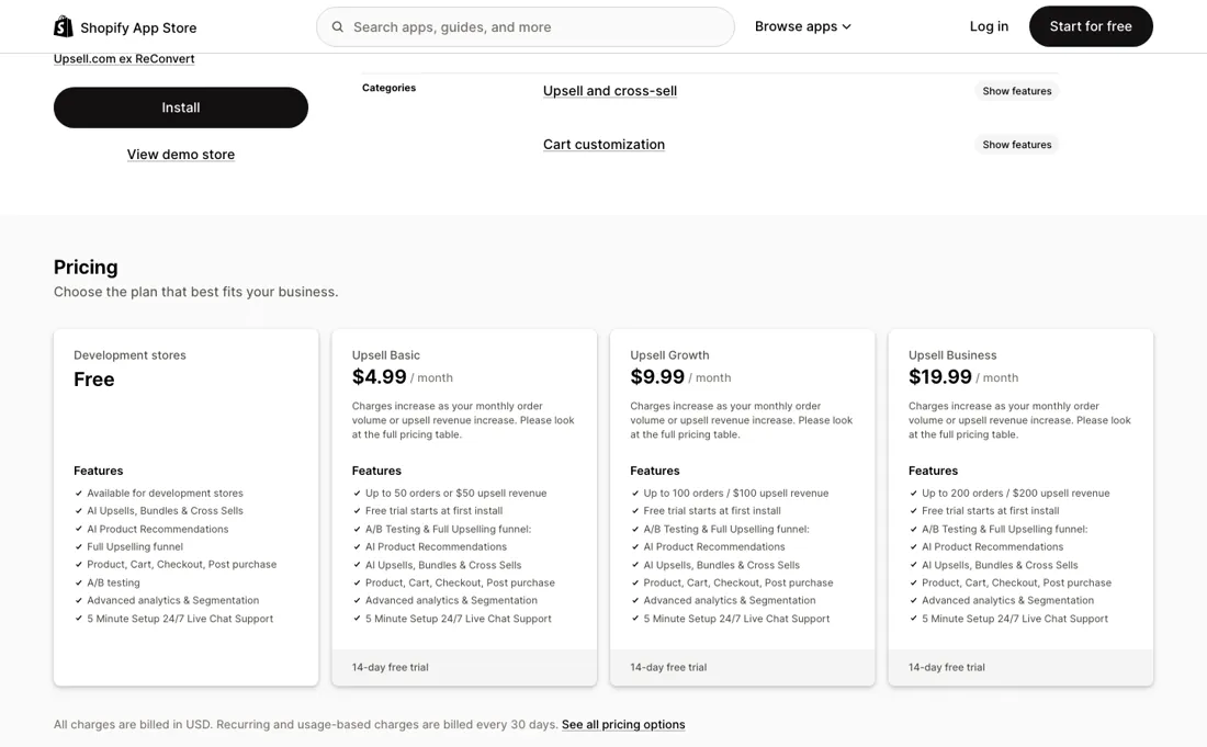 Upsell.com pricing page