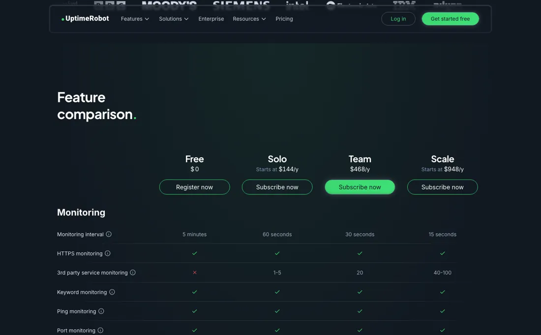 UptimeRobot pricing page