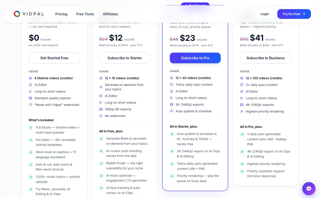 VidPal pricing page