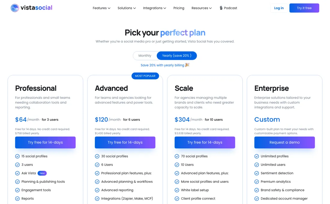 Vista Social pricing page