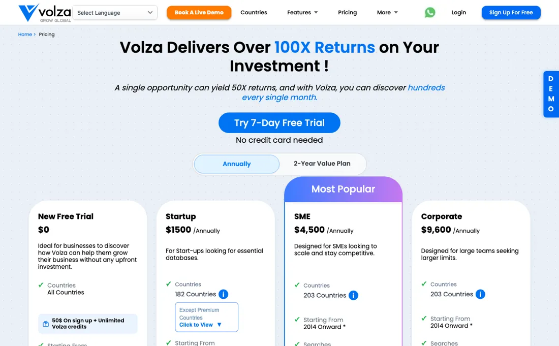 Volza pricing page
