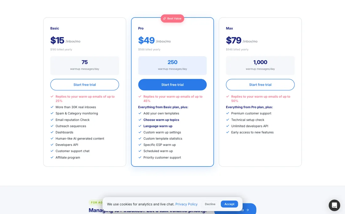 Warmup Inbox pricing page