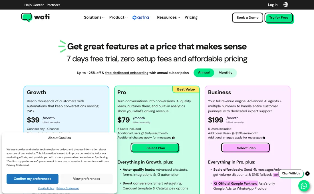 Wati pricing page