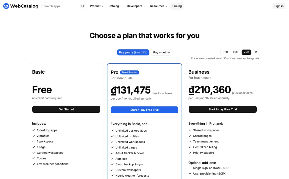 WebCatalog pricing page
