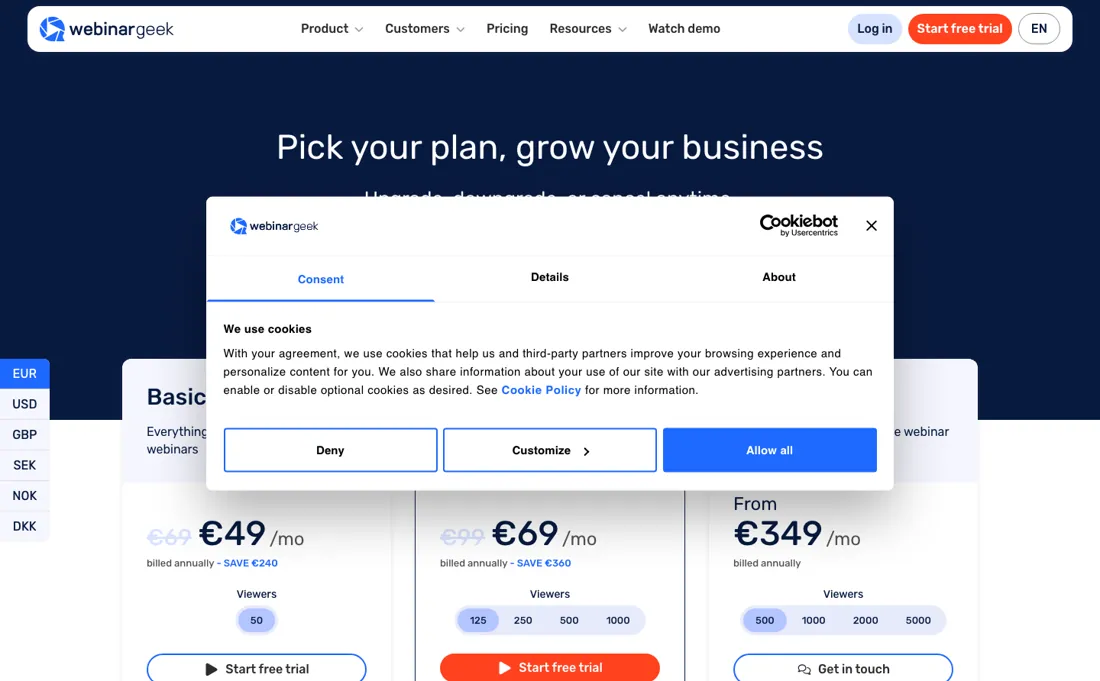 WebinarGeek pricing page