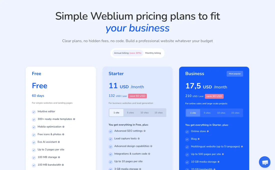 Weblium pricing page