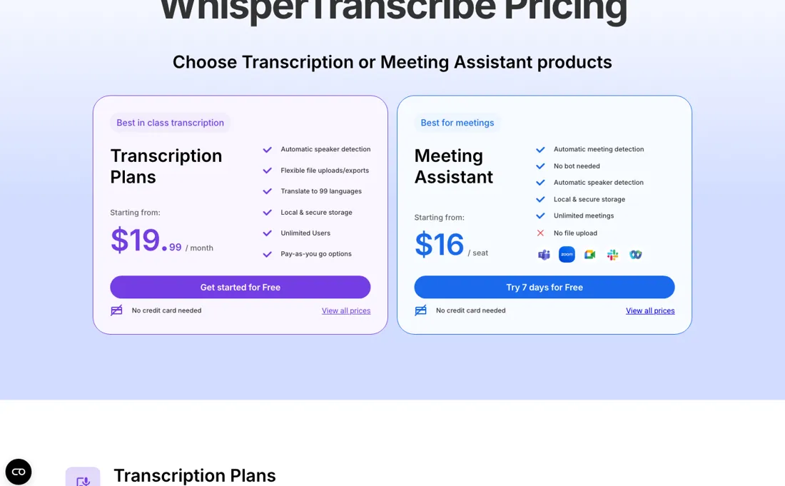 WhisperTranscribe pricing page