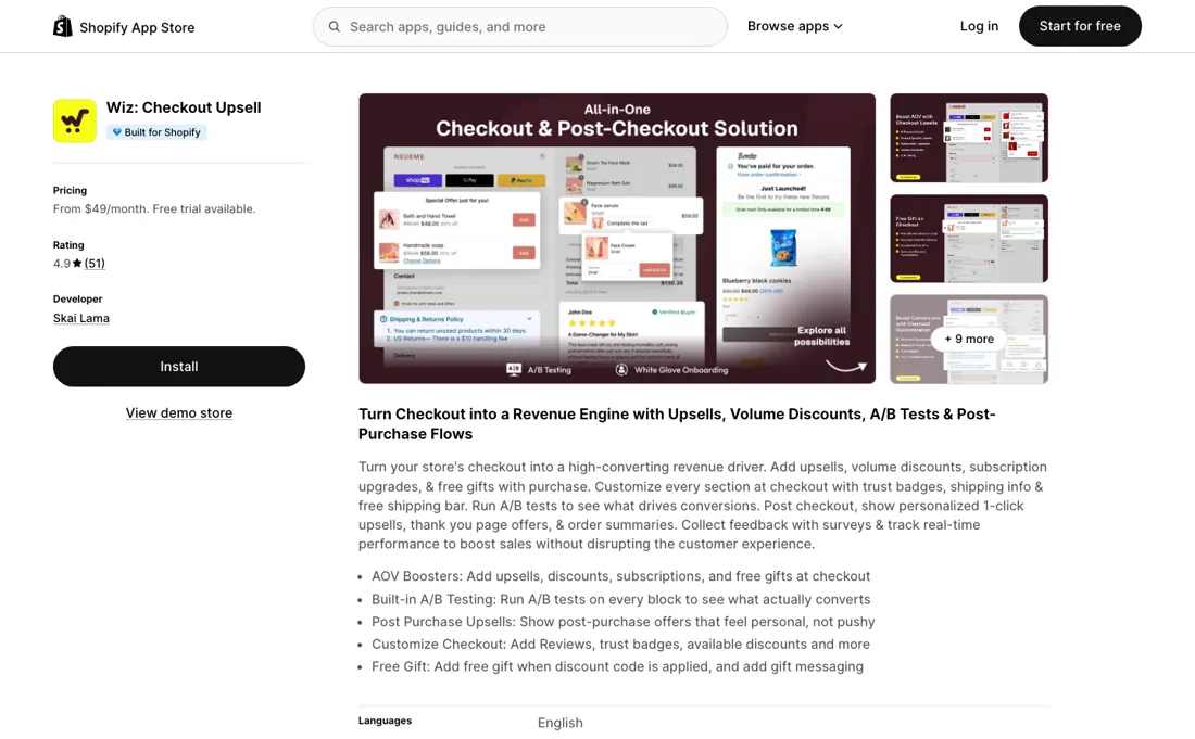 Wiz Checkout Upsell pricing page