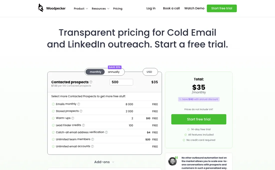 Woodpecker pricing page