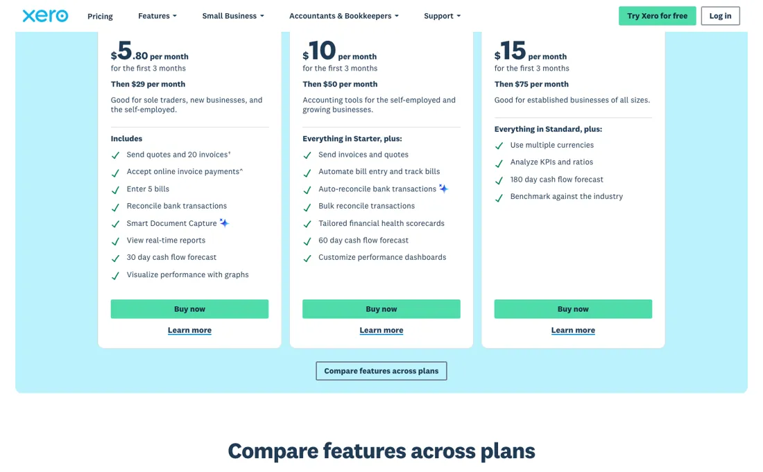 Xero pricing page