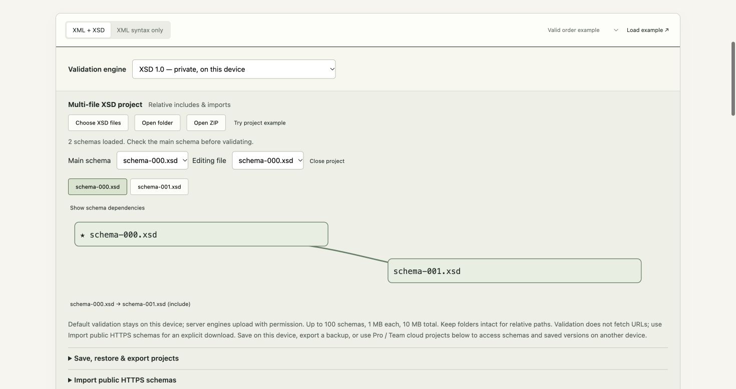 Actual XSDHub browser: imported two-file project, file tabs and schema dependency graph