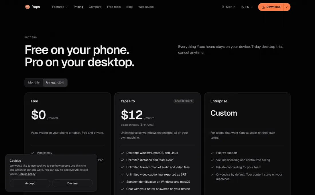 Yaps pricing page