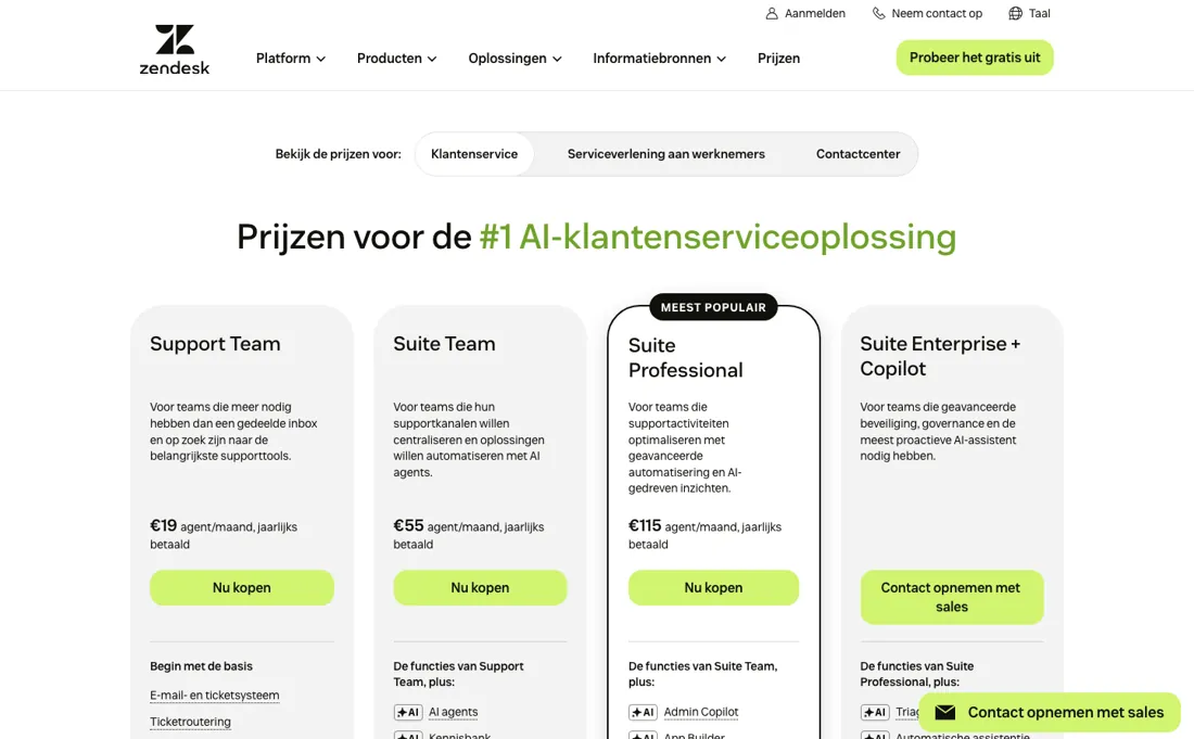 Zendesk pricing page