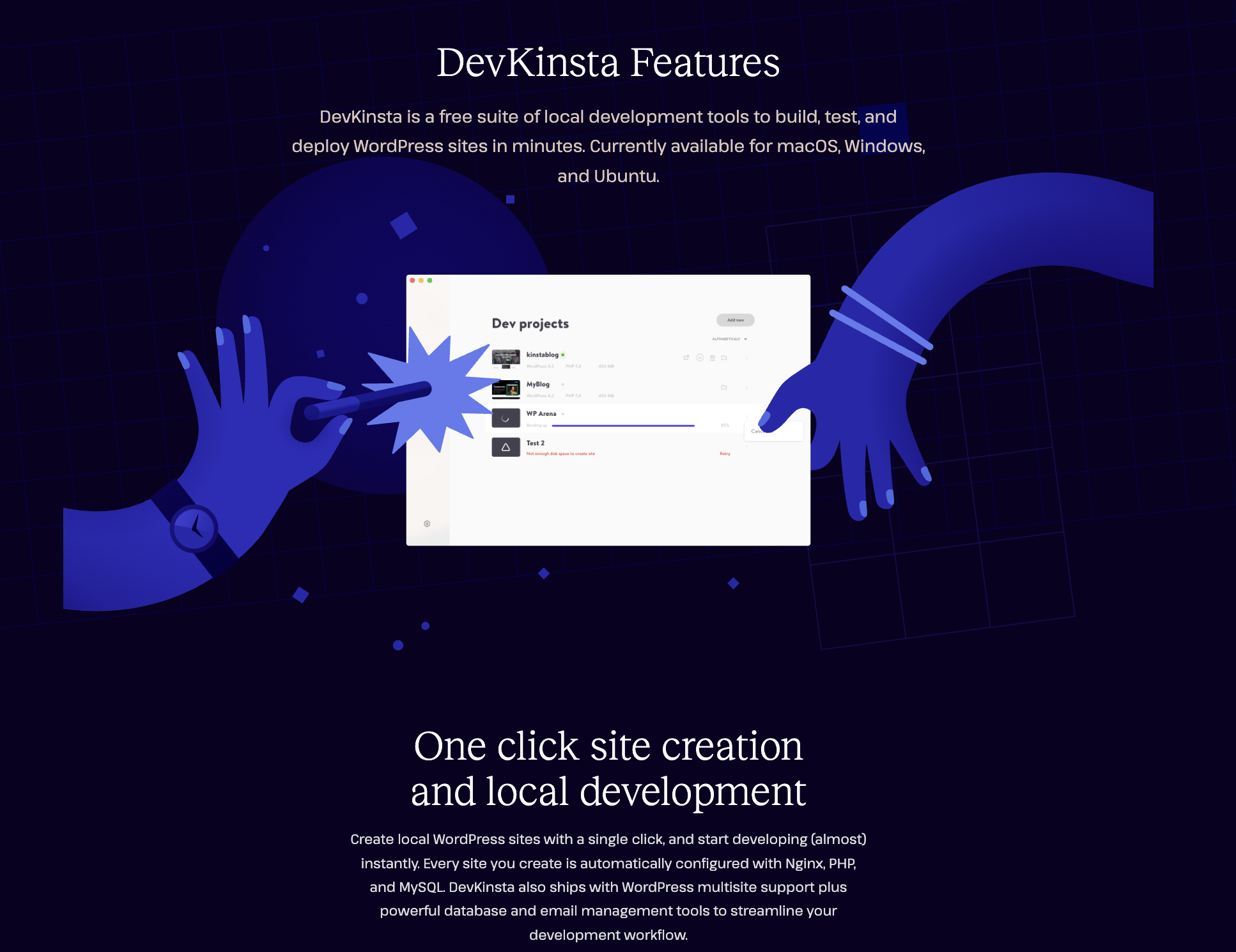 DevKinsta screenshot