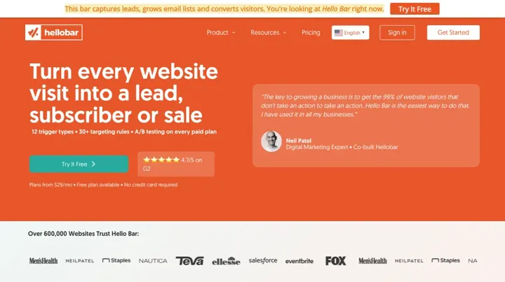 Hello Bar product page