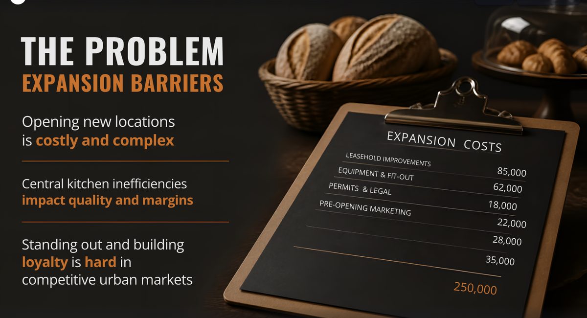 Canva slide 3: an Expansion costs list with six amounts totalling 250,000, none of which were in the brief