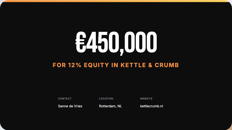 Prezi ask slide showing 450,000 for 12% equity and a website kettlecrumb.nl that was not in the brief
