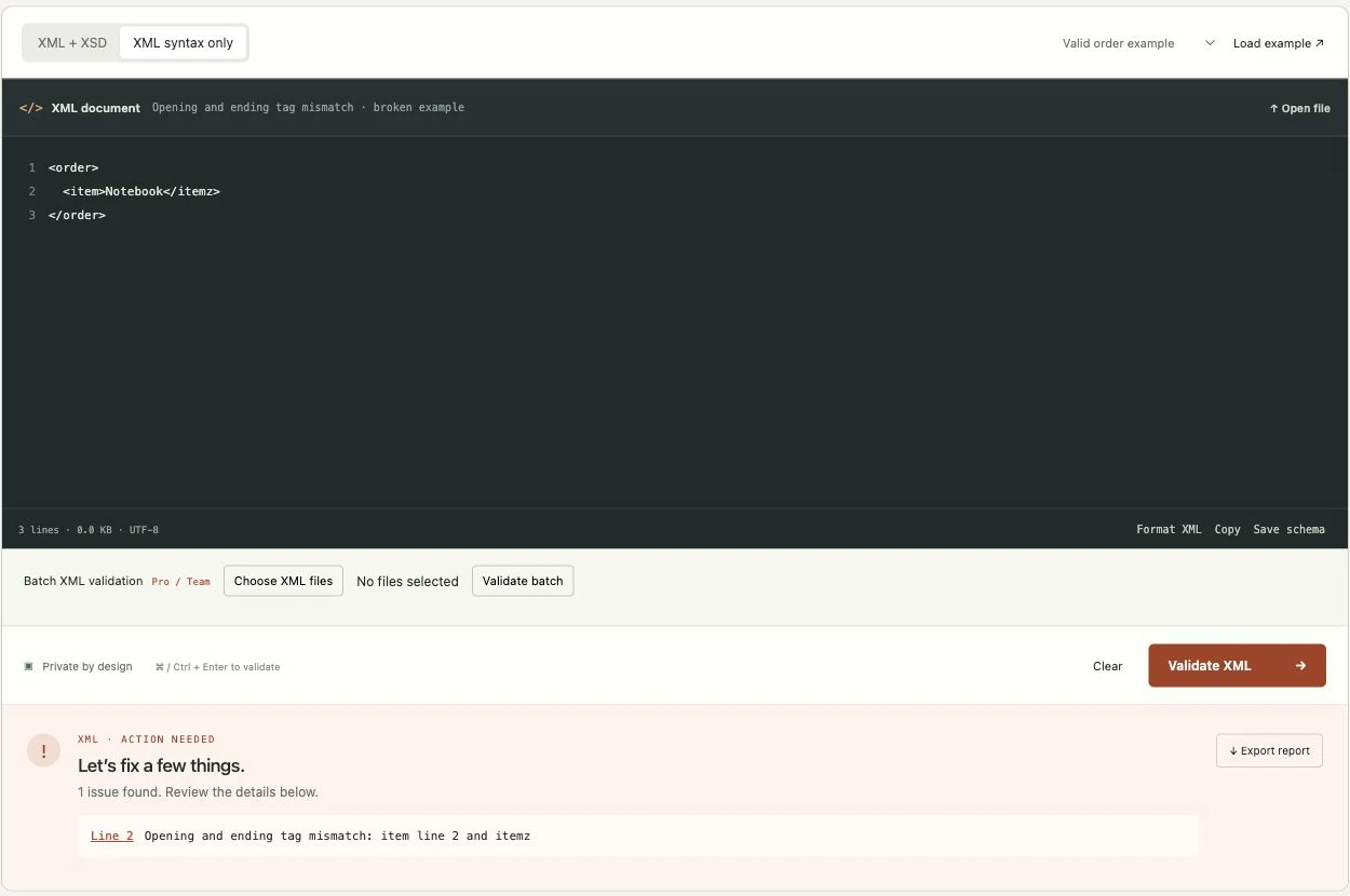 Broken closing tag: the live syntax check identifies the item/itemz mismatch on line 2.
