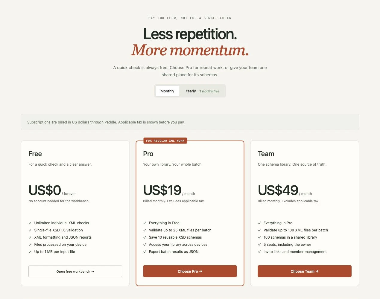Published monthly USD prices: Free $0, Pro $19 and Team $49. Applicable tax is extra; no purchase was made for this capture.